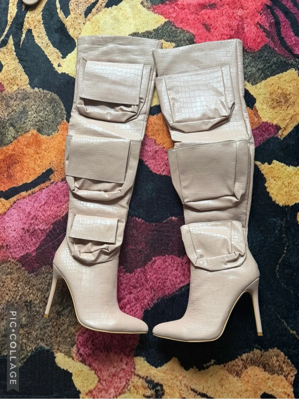 Women's Beige Croc-Embossed Over-the-Knee Stiletto Boots with Pockets